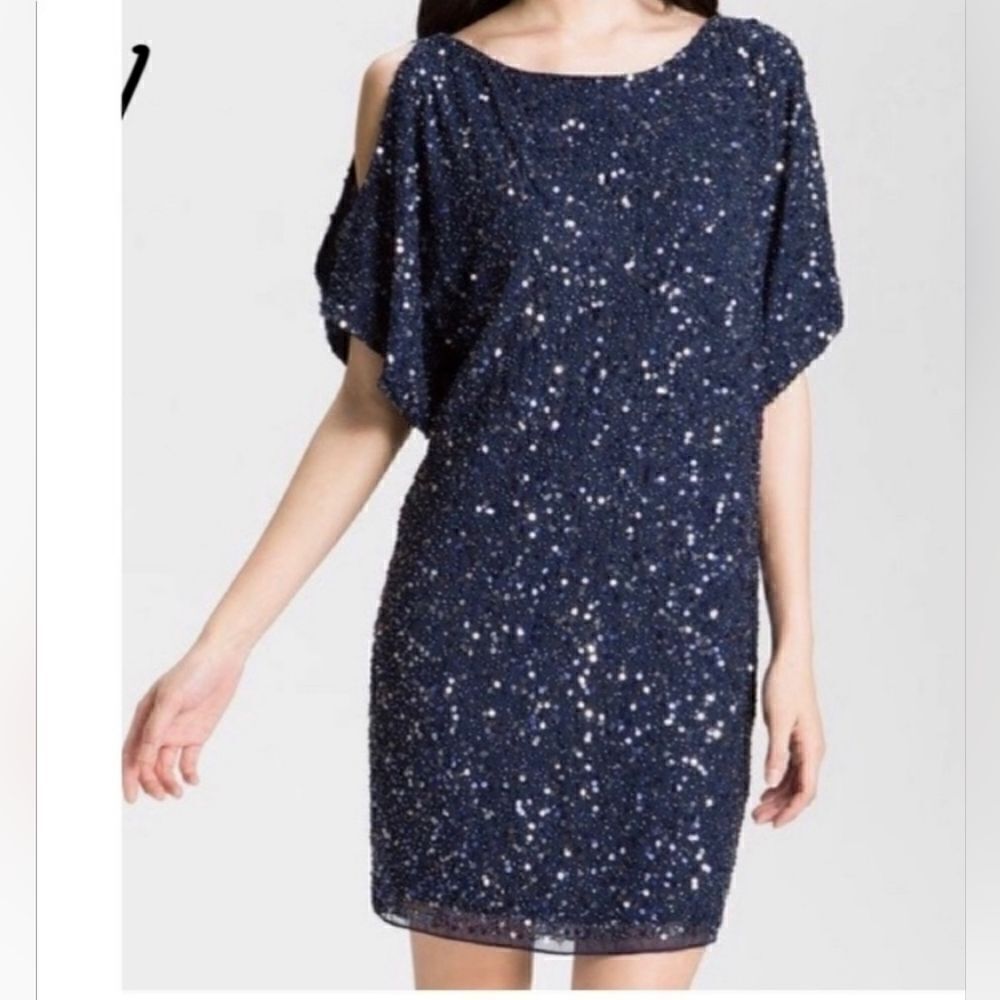 Aidan Mattox Cold Shoulder Sequin Dress Size 6 Black Party New Year's 100% Silk
